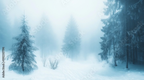 A Solitary Pine Tree in a Foggy Winter Forest