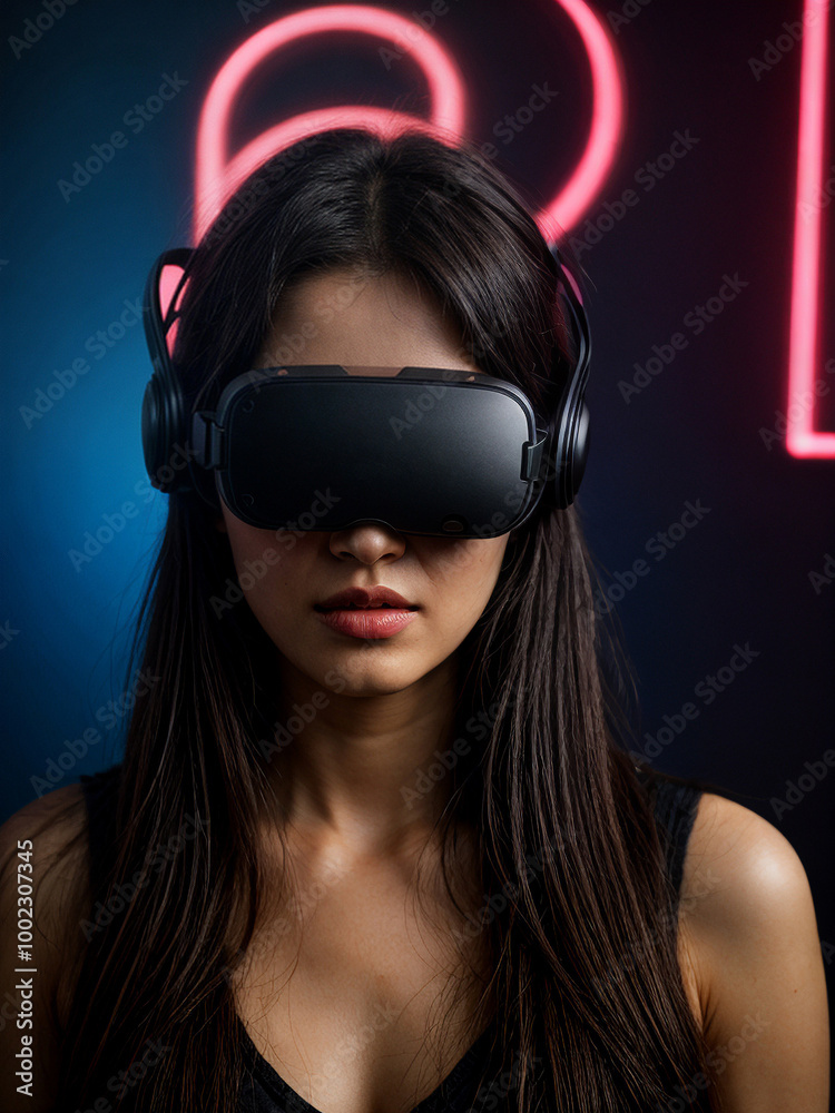 Futuristic woman in VR headset bathed in neon light. Cyberpunk aesthetic meets cutting-edge technology