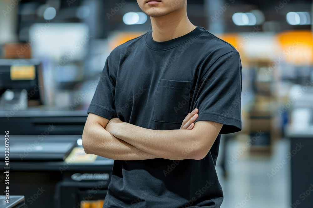 Fototapeta premium A Man in a Black T-Shirt with His Arms Crossed