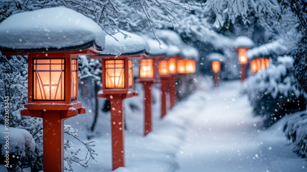 Snowy Path Illuminated by Lanterns in a Winter Forest Snowy Path Illuminated by Lanterns in a Winter Forest