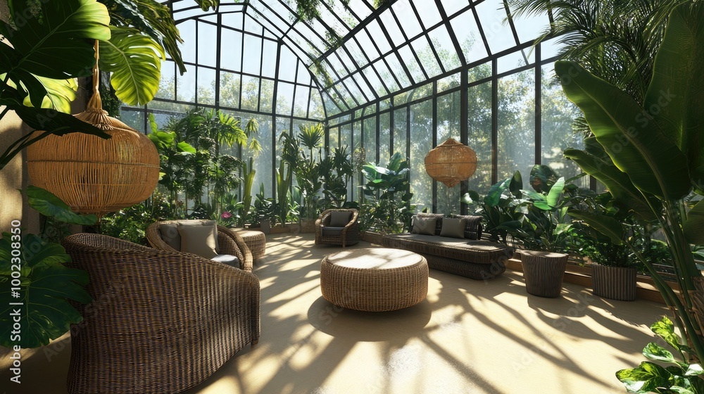 A sunlit conservatory featuring an array of exotic plants A sunlit conservatory featuring an array of exotic plants
