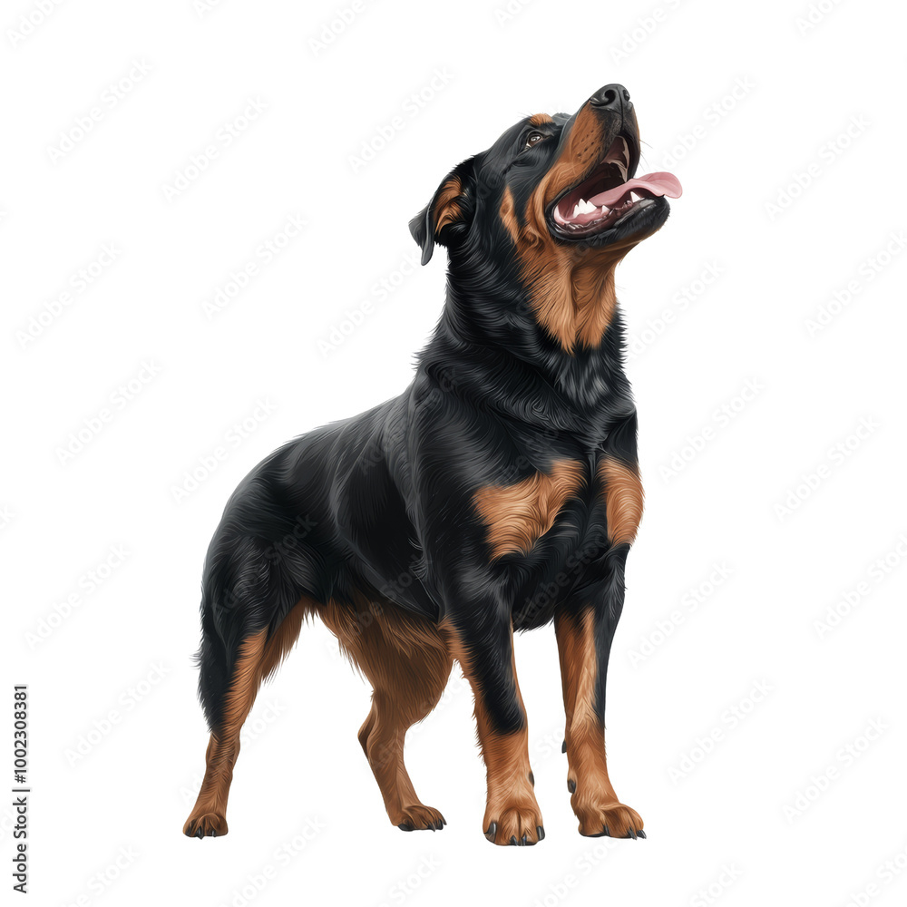 Rottweiler standing on white background, looking up, mouth open, showcasing its sharp, strong features and playful expression. Rottweiler standing on white background, looking up, mouth open, showcasing its sharp, strong features and playful expression.