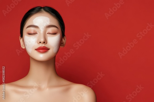 Portrait of a serene woman with cream face mask against red background, skincare concept and beauty treatment.