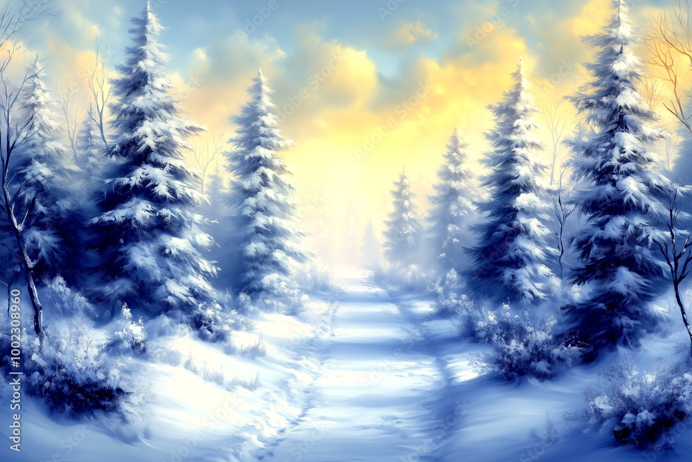 A painting of a snowy forest with a path through it. The trees are bare and the sky is blue A painting of a snowy forest with a path through it. The trees are bare and the sky is blue