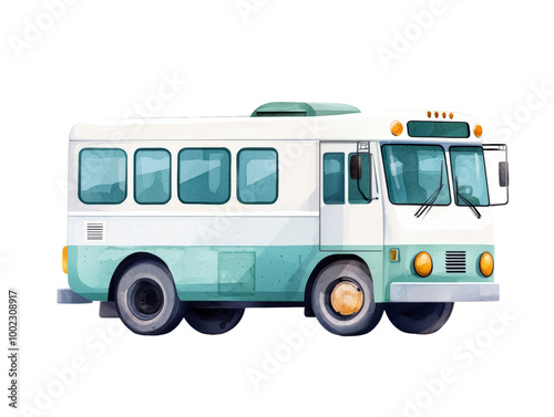 Illustration of a retro city bus with a white-green color scheme. Perfect for graphic design, transportation themes, and children's books.