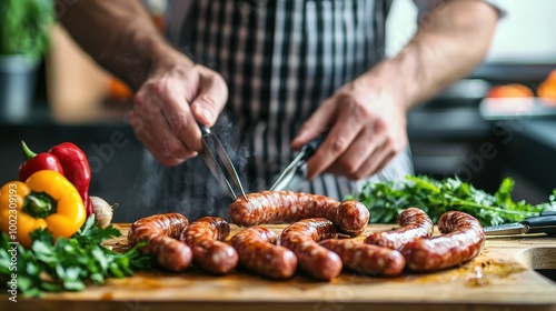 a chef preparing sausages in a kitchen, with fresh ingredients and cooking utensils visible. photo