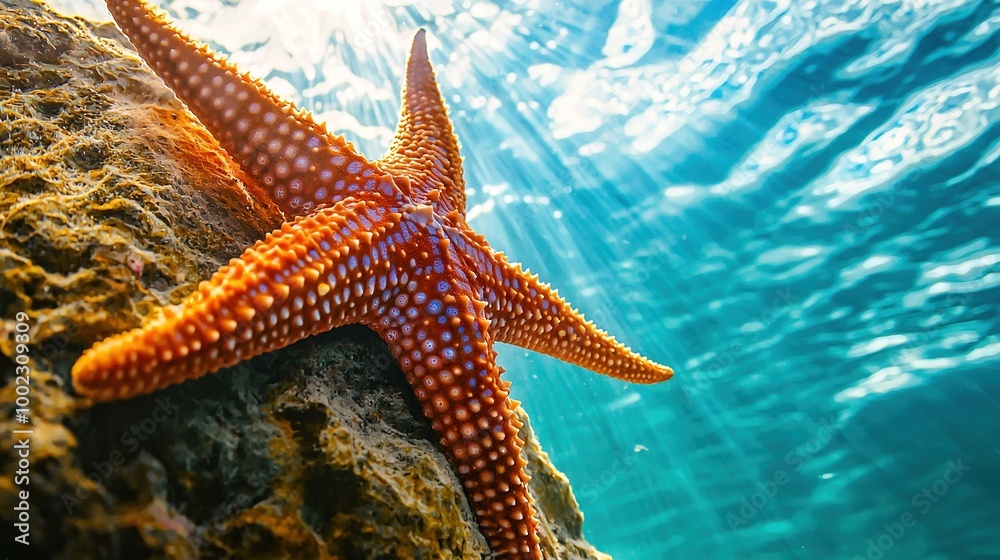 A picture of a starfish on a rock near the shore, with sunlight filtering down from above through the water A picture of a starfish on a rock near the shore, with sunlight filtering down from above through the water