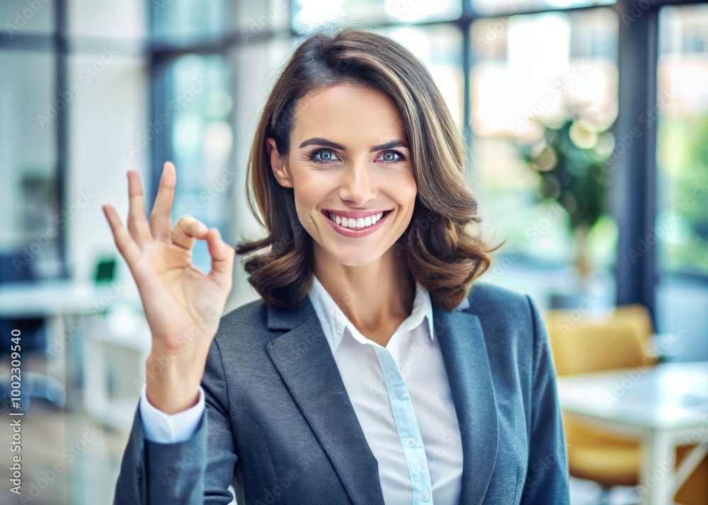 A joyful businesswoman, smiling brightly at the camera, makes an 'OK' gesture in a stylish modern office setting, A joyful businesswoman, smiling brightly at the camera, makes an 'OK' gesture in a stylish modern office setting,