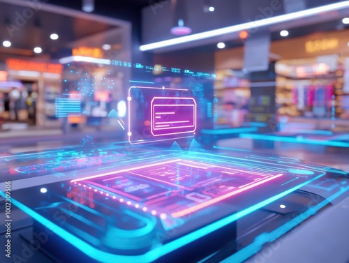 Wallpaper Mural Augmented reality shopping experience with holographic products and digital price tags in a retail store  Futuristic  High Detail  3D Render Torontodigital.ca