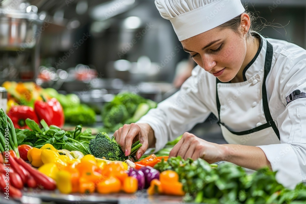 Female Chef Preparing Fresh Vegetables in a Kitchen Female Chef Preparing Fresh Vegetables in a Kitchen