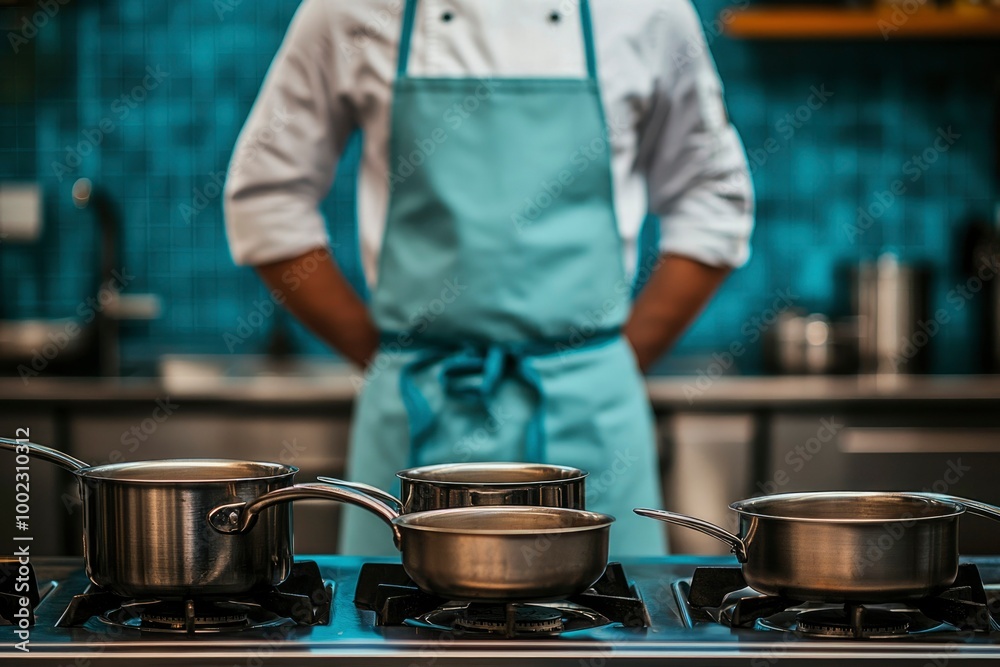 Chef Standing Behind Three Pots On A Stovetop Chef Standing Behind Three Pots On A Stovetop