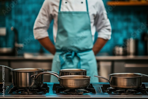 Chef Standing Behind Three Pots On A Stovetop