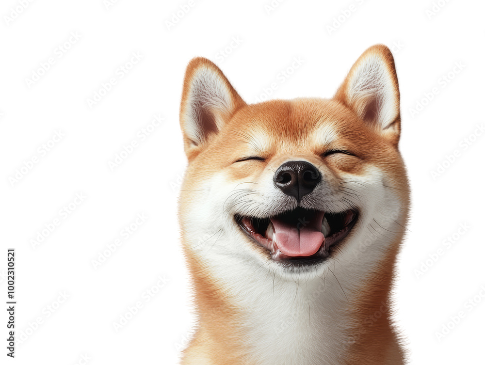 Joyful Shiba Inu dog smiling with closed eyes on a white background, capturing a moment of pure happiness and contentment. Joyful Shiba Inu dog smiling with closed eyes on a white background, capturing a moment of pure happiness and contentment.