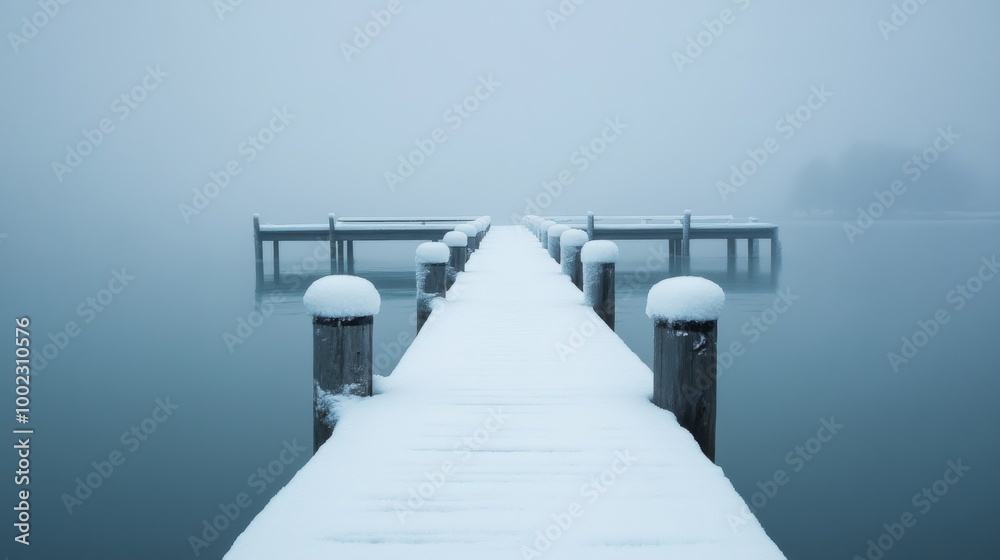 Fototapeta Snow-Covered Pier Extending into a Foggy Lake