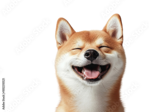 Joyful Shiba Inu dog smiling with closed eyes on a white background, capturing a moment of pure happiness and contentment.