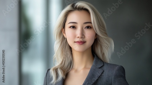 Elegant Asian woman with blonde hair standing gracefully while looking at the camera in the office