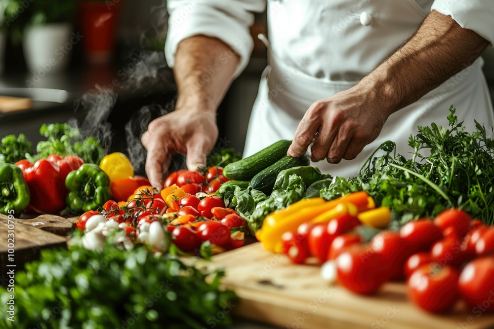 Close-up of a Chef Preparing Fresh Vegetables in a Kitchen Close-up of a Chef Preparing Fresh Vegetables in a Kitchen
