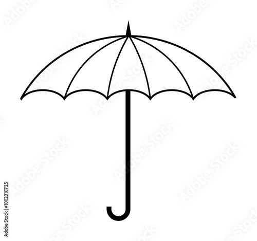 A simple black outline of an open umbrella with a curved handle. Ideal for weather, protection, rain, graphics, minimalism. Outline, monochrome style.