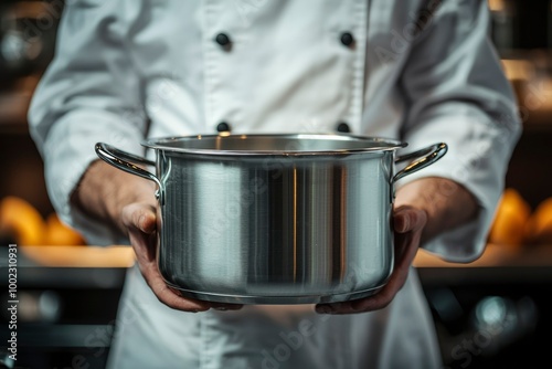 Chef holding a stainless steel pot in a kitchen