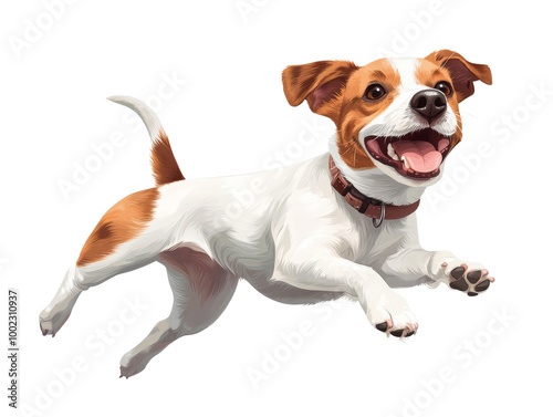 Happy, energetic Jack Russell Terrier leaping in mid-air with a joyful expression. Perfect for pet, dog, and animal-themed projects. photo