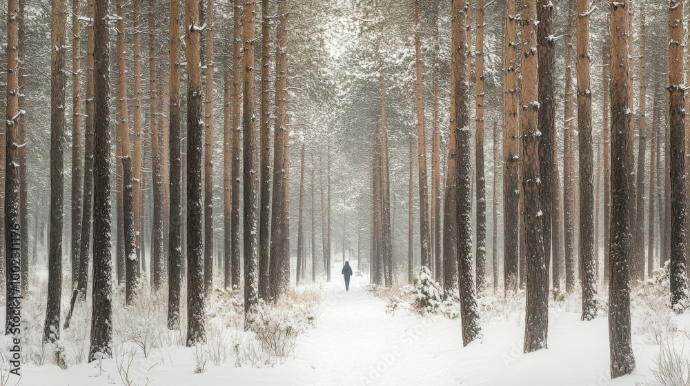 Solitary Figure Walking Through Snowy Pine Forest Path Solitary Figure Walking Through Snowy Pine Forest Path