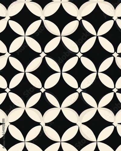 Seamless geometric pattern with interlocking circles in black and white. Ideal for backgrounds, textiles, and modern design projects.