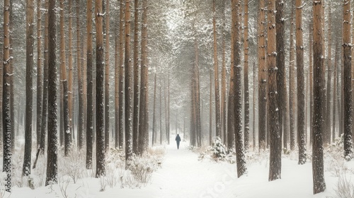 Solitary Figure Walking Through Snowy Pine Forest Path