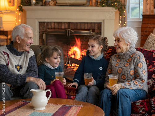 Family Gathering in Cozy Living Room with Fireplace and Heirlooms