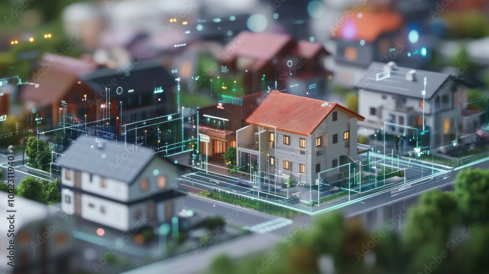 Miniature Model City with Futuristic Smart Home Technology Overlay Miniature Model City with Futuristic Smart Home Technology Overlay