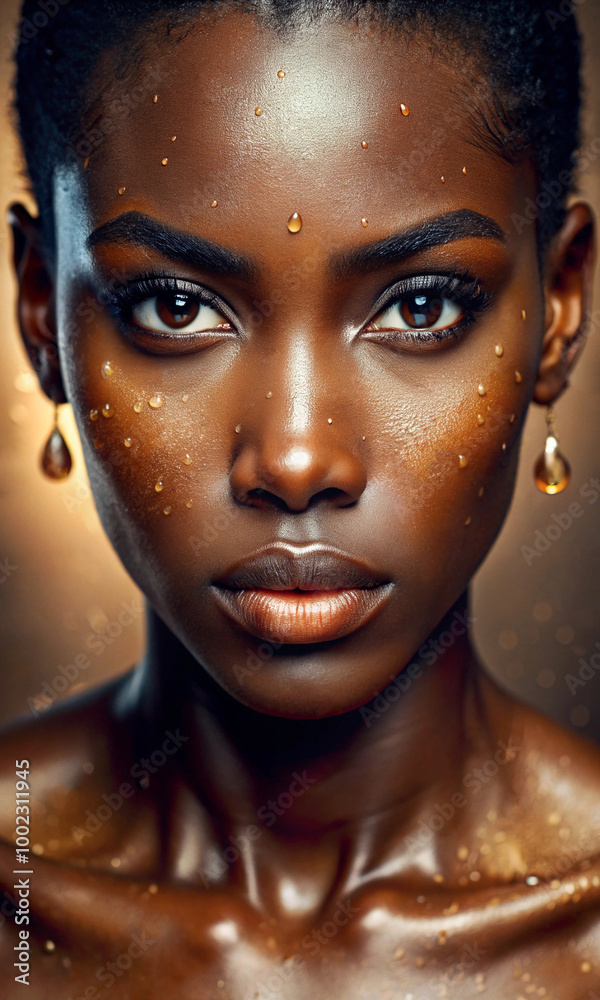 Close-up portrait of an African American woman with glowing dark skin, adorned with water droplets and illuminated by soft golden light, highlighting her facial features and serene expression Close-up portrait of an African American woman with glowing dark skin, adorned with water droplets and illuminated by soft golden light, highlighting her facial features and serene expression