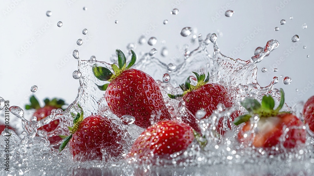 A group of strawberries splashes into a glass of water with a splash atop them A group of strawberries splashes into a glass of water with a splash atop them