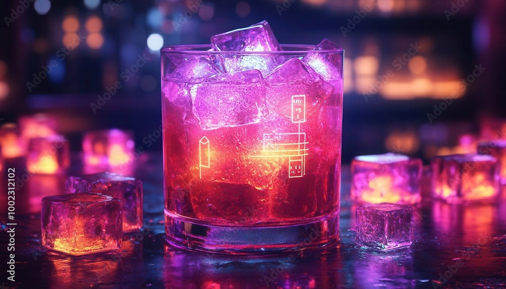 Cocktail drinks with glowing neon ice cubes and holographic drink instructions in a futuristic bar Futuristic Neon High Detail Cocktail drinks with glowing neon ice cubes and holographic drink instructions in a futuristic bar Futuristic Neon High Detail
