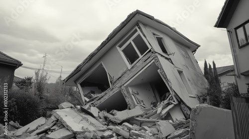 Severely damaged house leaning after a powerful earthquake, with debris scattered around in a residential area.