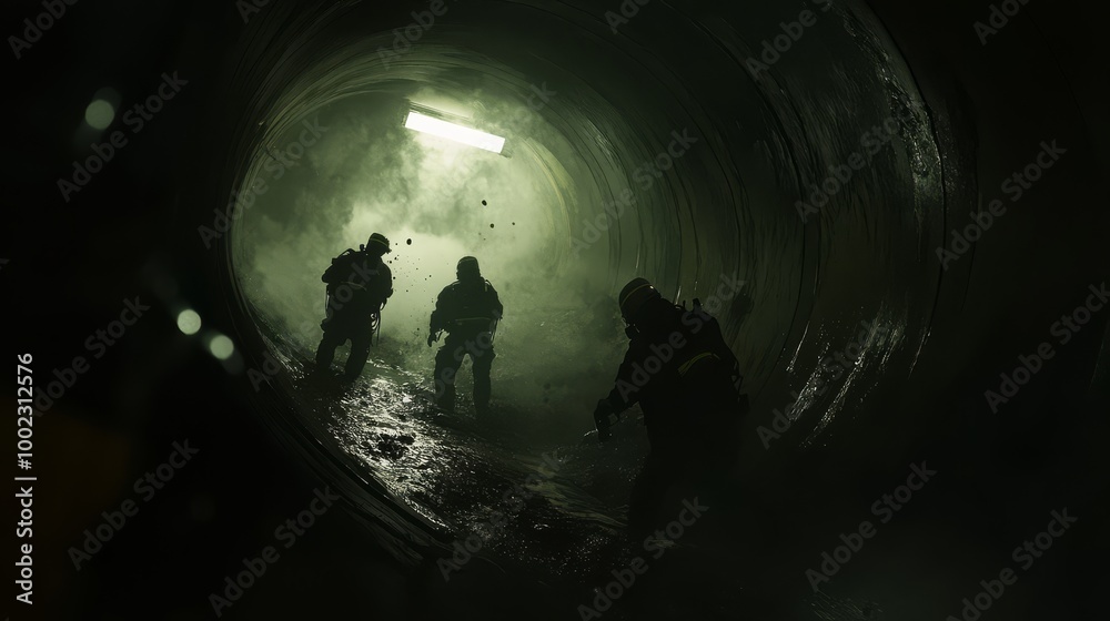 Silhouettes of people in a dark tunnel moving towards the light, surrounded by misty, atmospheric conditions and mysterious ambiance.