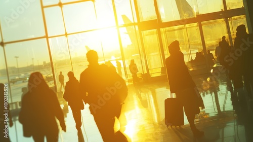 Silhouetted travelers walking through airport terminal at sunset, with reflections on the floor and a bright sun in the background. photo