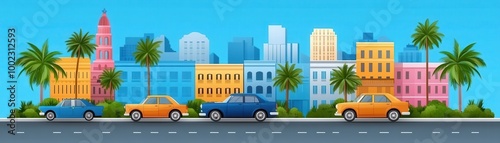 Colorful cityscape with cars and palm trees. photo