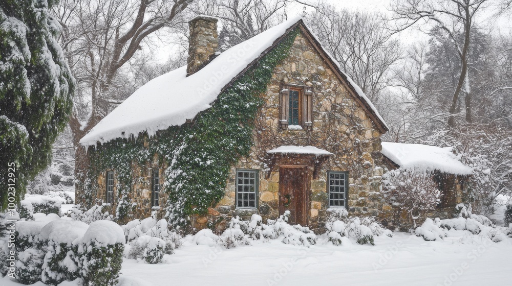 Naklejka premium Stone Cottage Covered in Snow with Ivy Growing on Its Walls