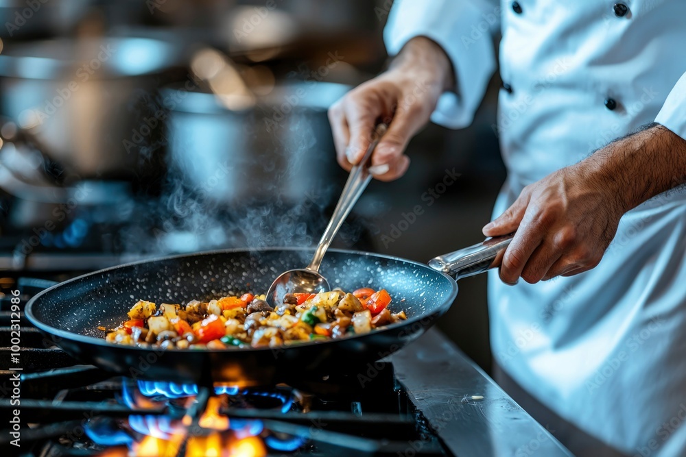 Chef Stirring Vegetables in a Pan on a Stovetop Chef Stirring Vegetables in a Pan on a Stovetop