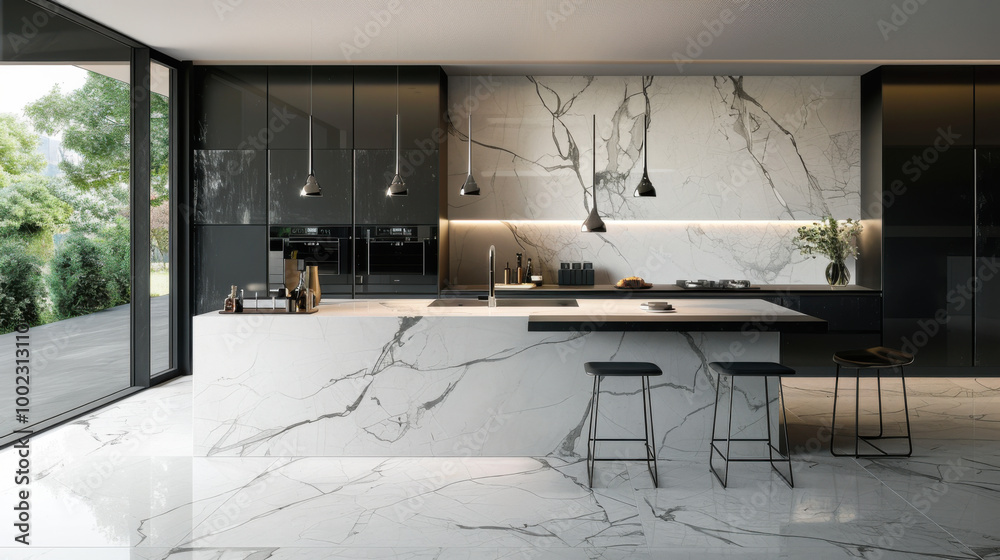 Modern kitchen interior with marble countertops and sleek cabinetry in an open space design Modern kitchen interior with marble countertops and sleek cabinetry in an open space design
