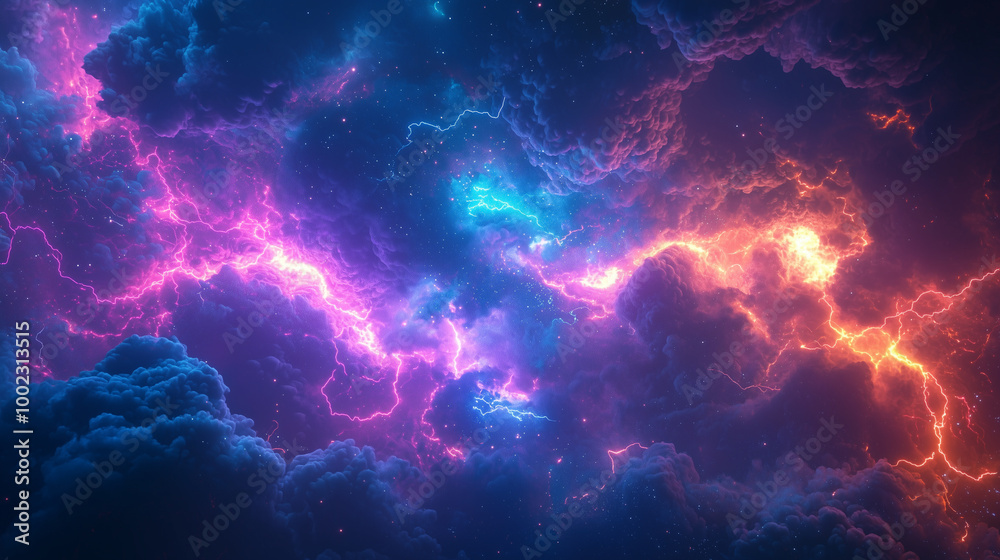 A striking 3D render featuring vibrant neon lightning cutting through dramatic clouds in vivid shades of blue and pink. A striking 3D render featuring vibrant neon lightning cutting through dramatic clouds in vivid shades of blue and pink.