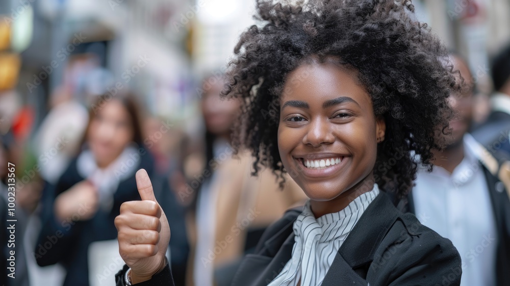 Happy black woman showing thumbs up and smiling while standing in a crowd of business people on a city street. Happy black woman showing thumbs up and smiling while standing in a crowd of business people on a city street.