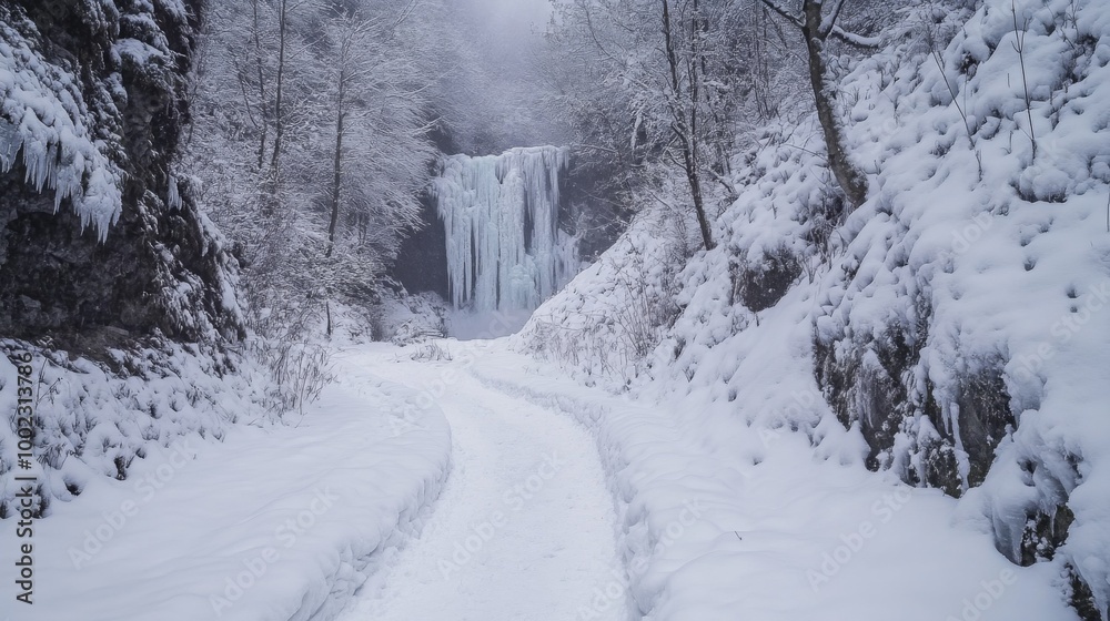 Frozen Waterfall and Snowy Path in a Winter Forest Frozen Waterfall and Snowy Path in a Winter Forest