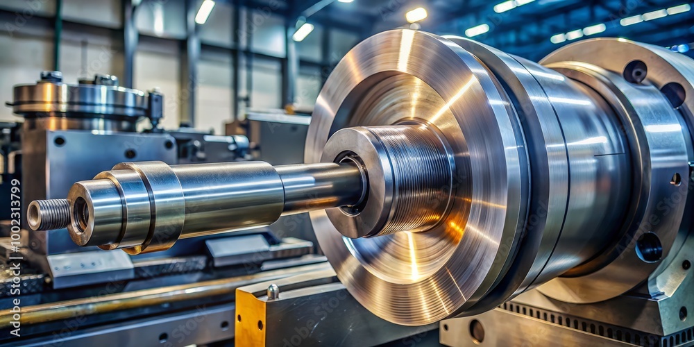 A rotating lathe spindle in a workshop highlights advanced precision engineering and showcases expert metalworking A rotating lathe spindle in a workshop highlights advanced precision engineering and showcases expert metalworking