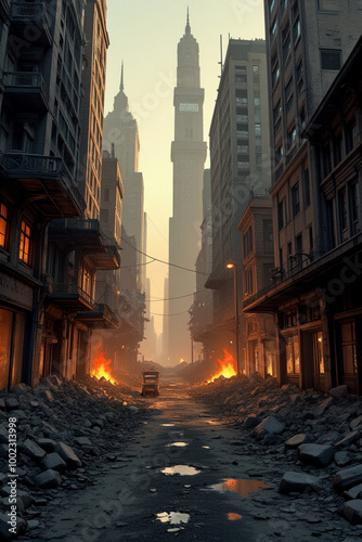 Apocalyptic Urban Landscape with Smoke and Ruins - Devastated City