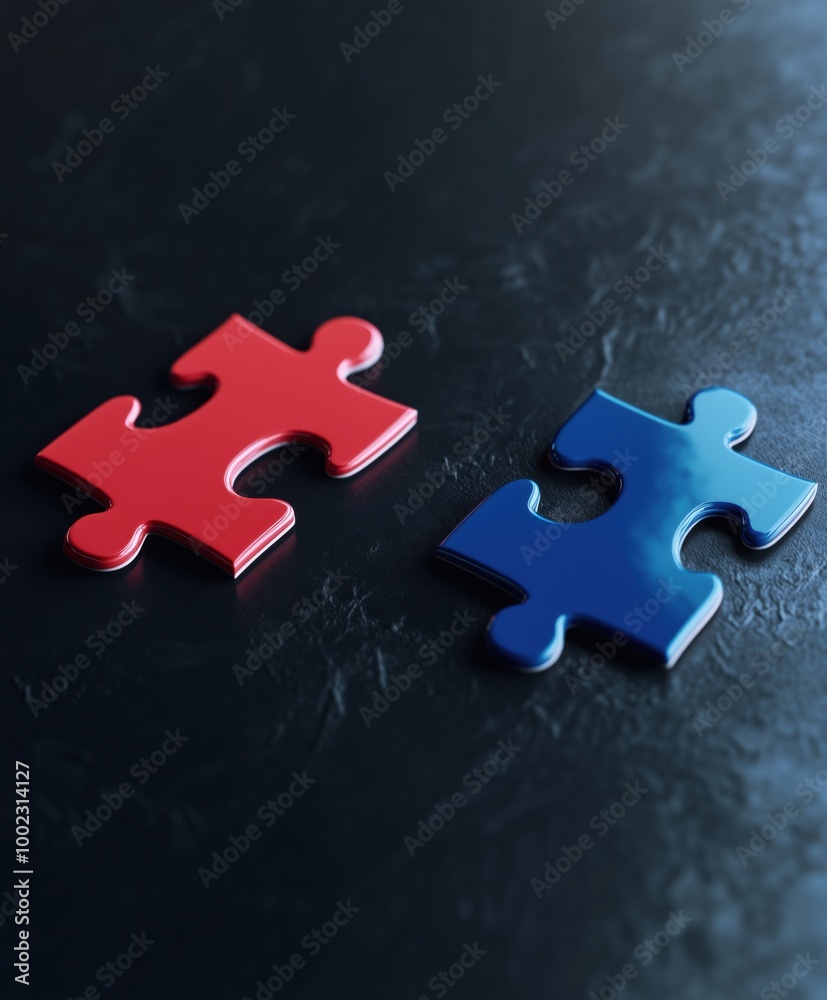 Obraz premium Blue and red puzzle pieces on a dark surface. Concept of business connections, diversity, teamwork and cooperation. Puzzle and solving complex problems piece by piece.