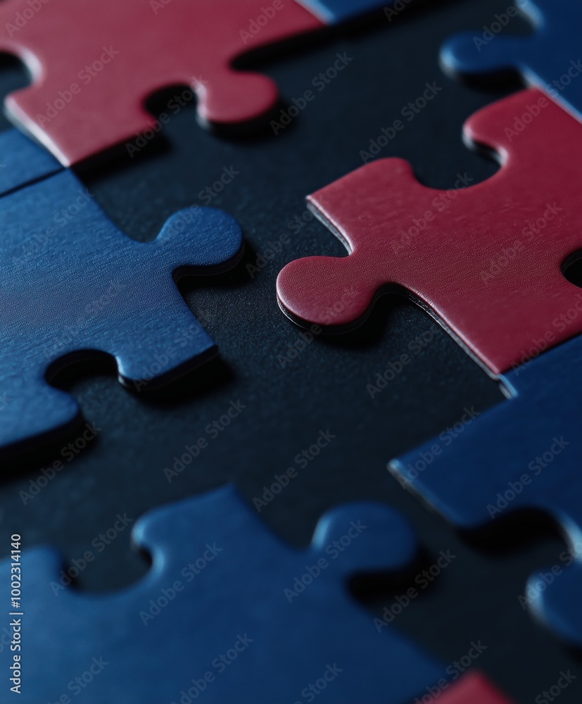 Blue and red puzzle pieces on a dark surface. Concept of business connections, diversity, teamwork and cooperation. Puzzle and solving complex problems piece by piece. Blue and red puzzle pieces on a dark surface. Concept of business connections, diversity, teamwork and cooperation. Puzzle and solving complex problems piece by piece.