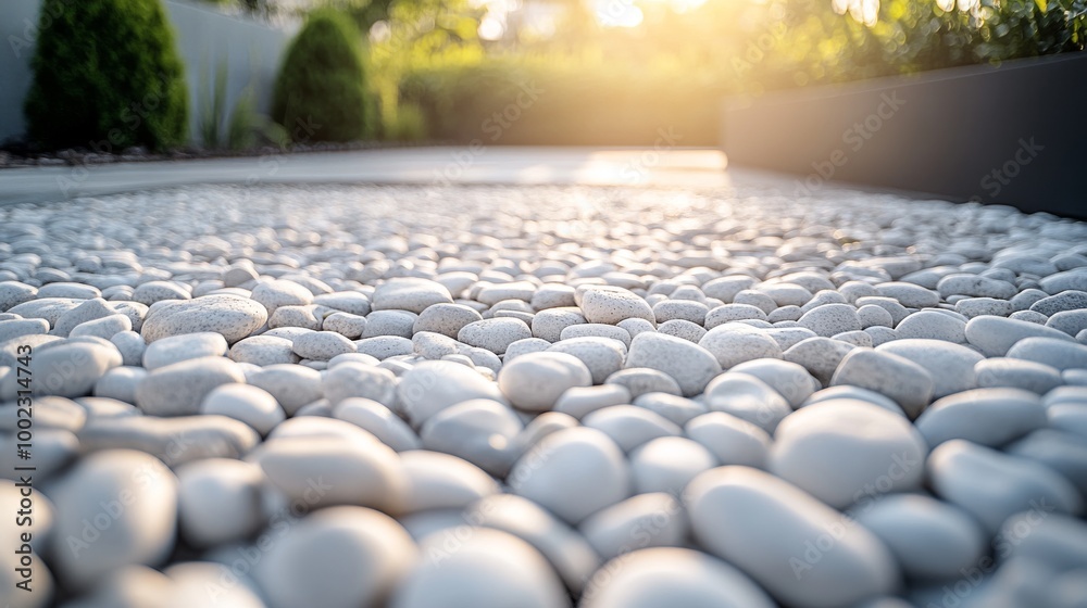 Fototapeta premium White Pebbles Create a Serene Garden Path in Soft Morning Light With Greenery in the Background