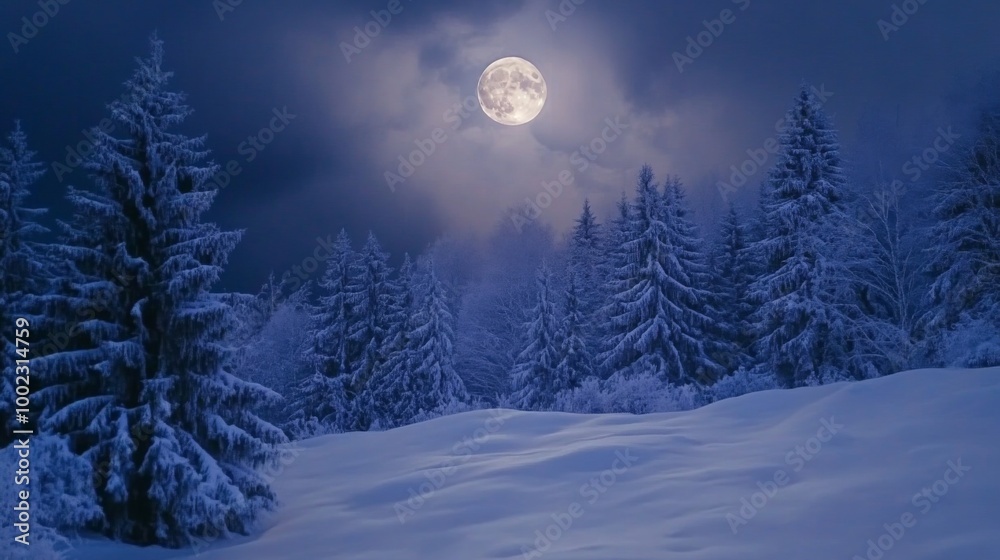 Full Moon Illuminating a Snowy Forest at Night Full Moon Illuminating a Snowy Forest at Night