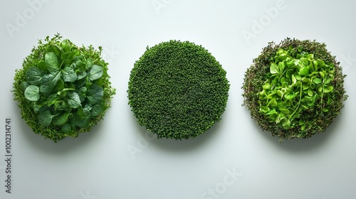 Three bowls of fresh green microgreens arranged in a row on a white background, showcasing organic and healthy living. photo