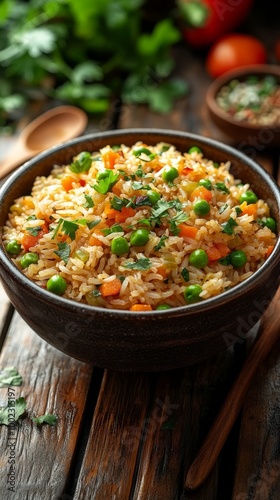 Delicious Vegetable Fried Rice Served in a Rustic Bowl on a Wooden Table With Fresh Herbs